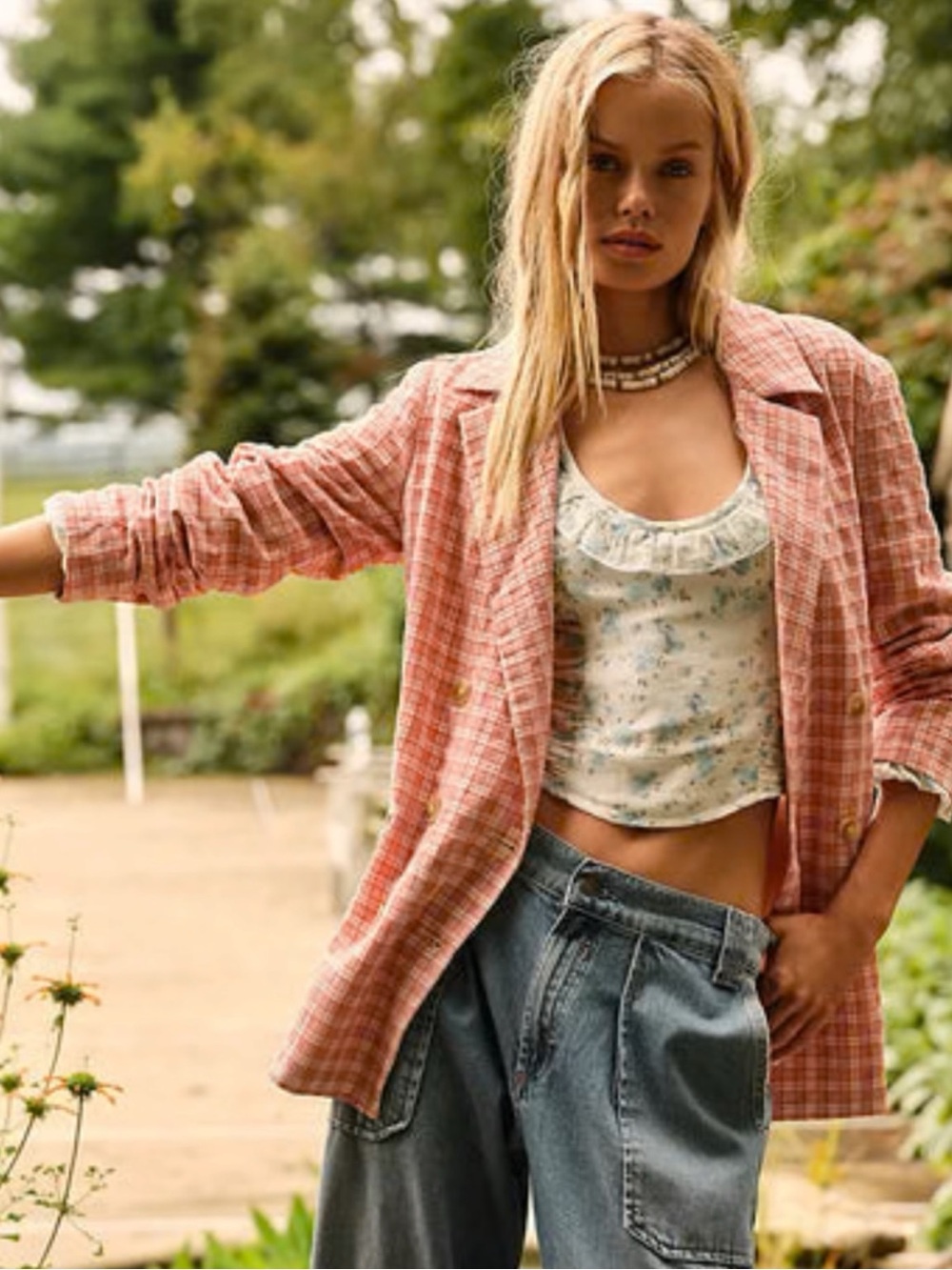Free People Olivia Gingham Blazer in Pink Rose Size Small Preppy Cottage Picnic
